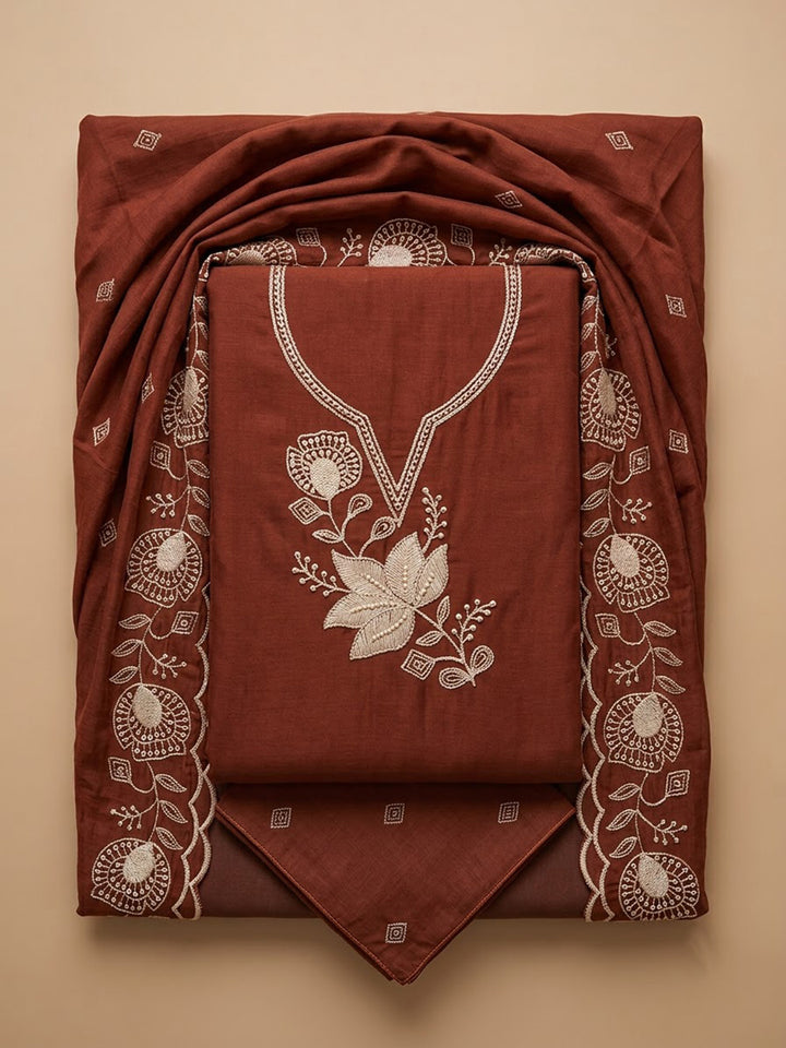 Maroon Chanderi Embroidered Unstitched Dress Material