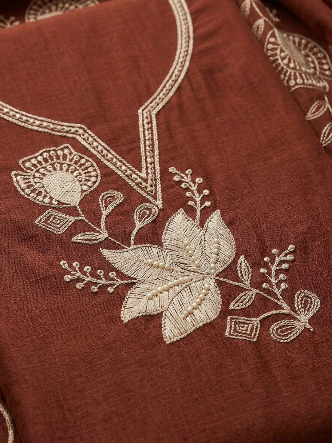 Maroon Chanderi Embroidered Unstitched Dress Material