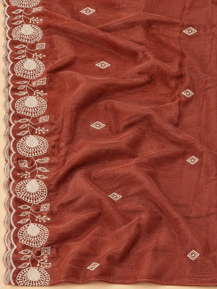 Maroon Chanderi Embroidered Unstitched Dress Material