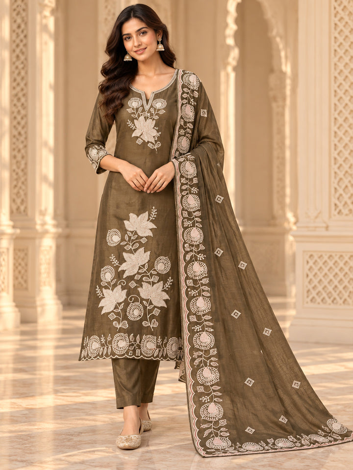 Mehndi Chanderi Embroidered Unstitched Dress Material
