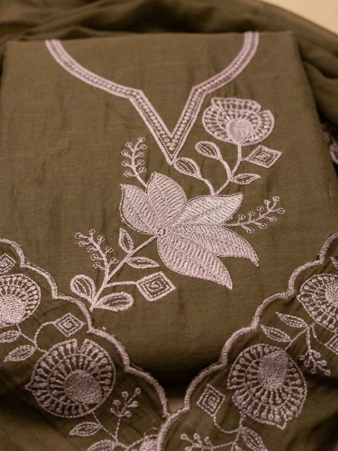 Mehndi Chanderi Embroidered Unstitched Dress Material