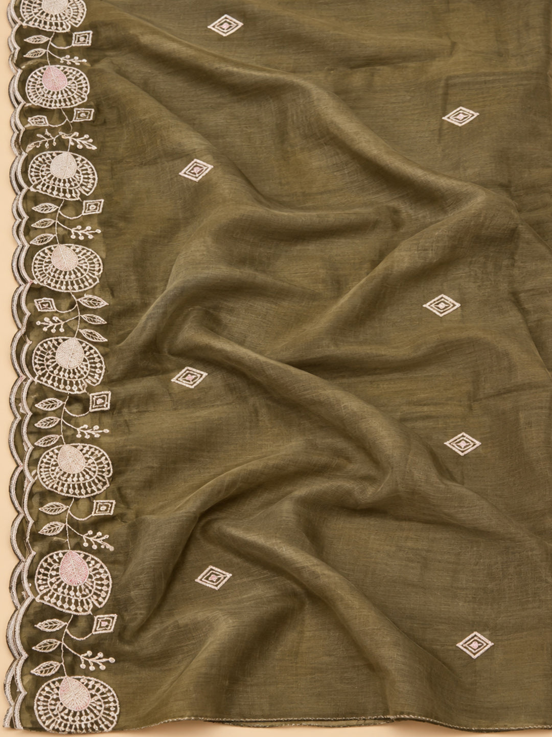 Mehndi Chanderi Embroidered Unstitched Dress Material