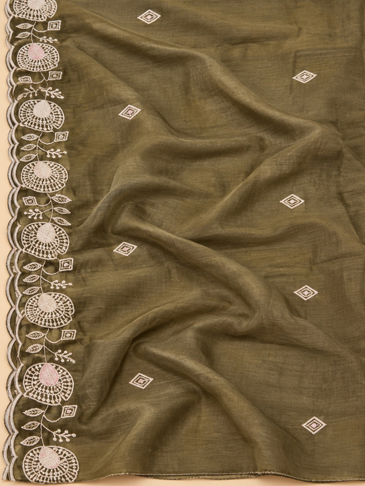 Mehndi Chanderi Embroidered Unstitched Dress Material
