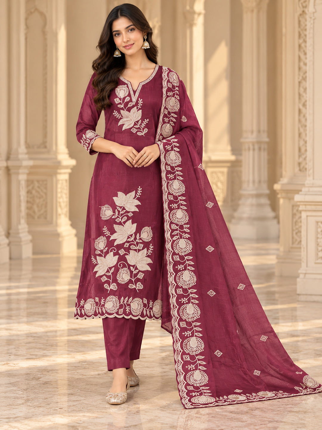 Onion-Pink Chanderi Embroidered Unstitched Dress Material