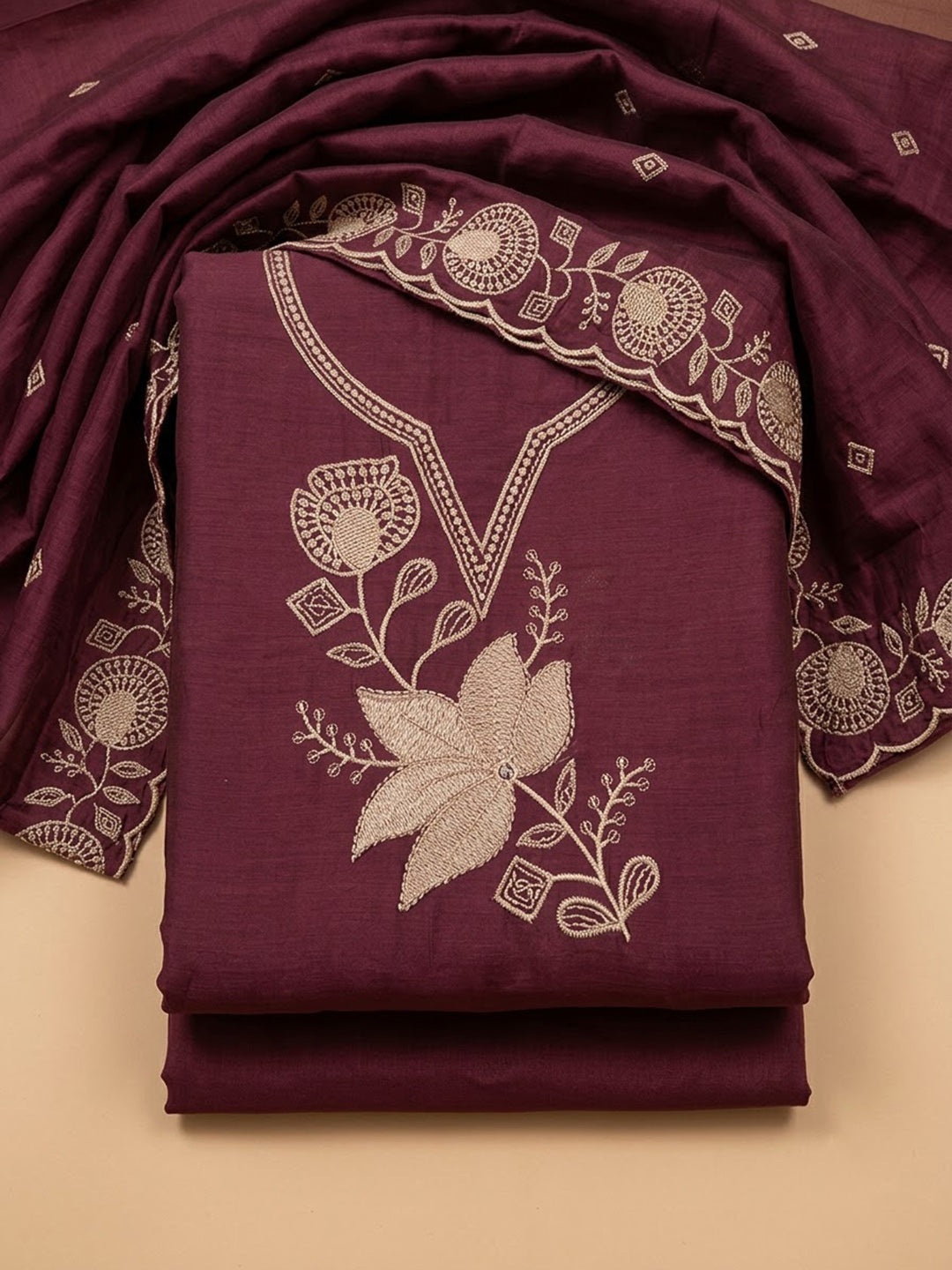 Onion-Pink Chanderi Embroidered Unstitched Dress Material