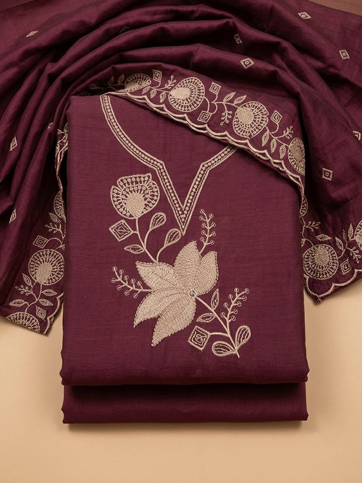 Onion-Pink Chanderi Embroidered Unstitched Dress Material