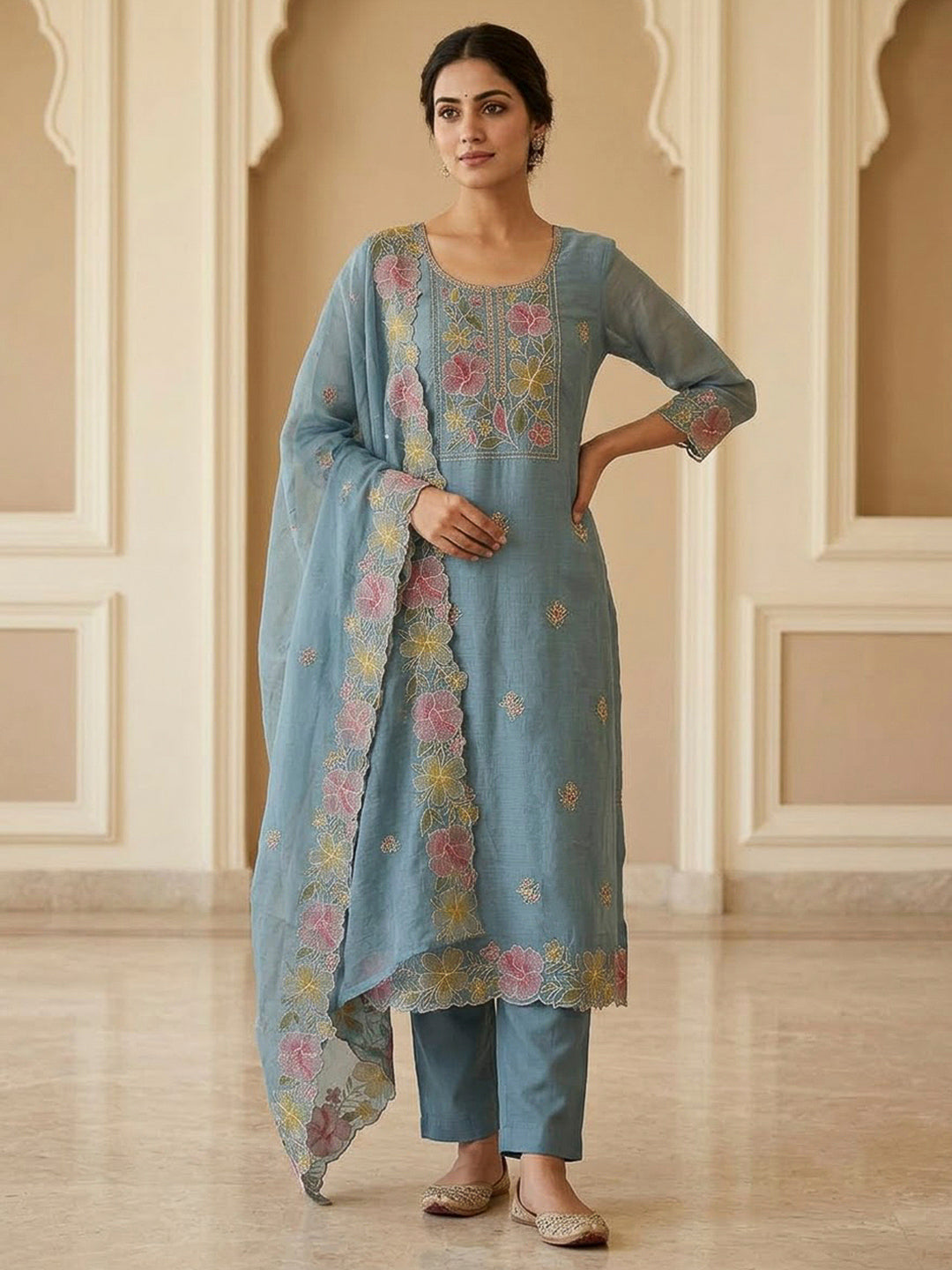 Grey Chanderi Embroidered Unstitched Dress Material