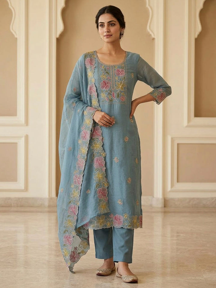 Grey Chanderi Embroidered Unstitched Dress Material