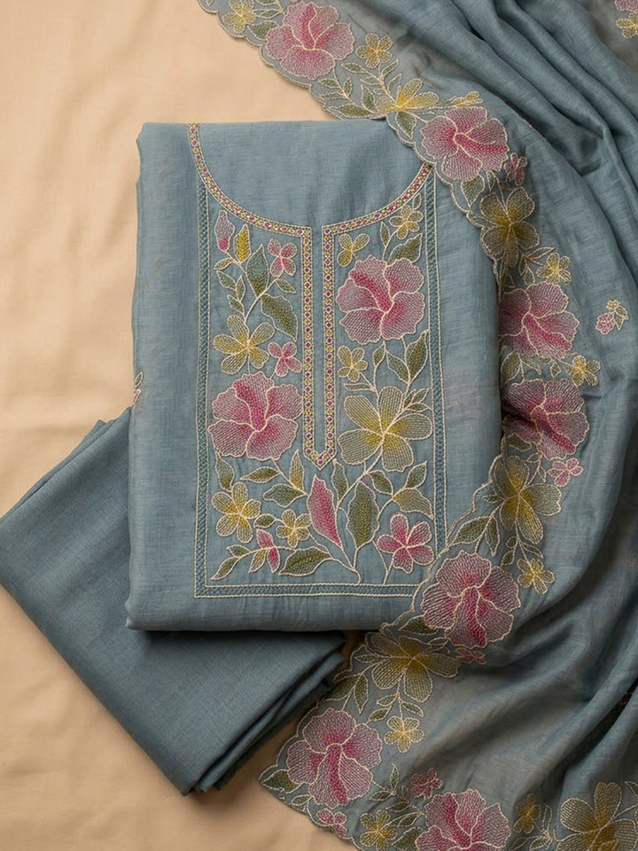 Grey Chanderi Embroidered Unstitched Dress Material
