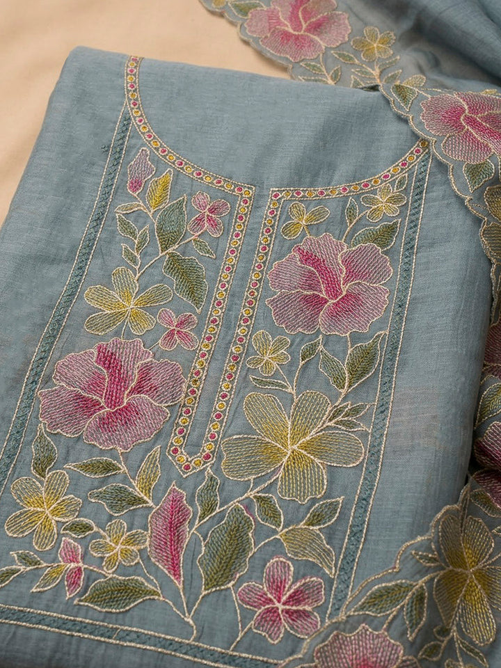Grey Chanderi Embroidered Unstitched Dress Material