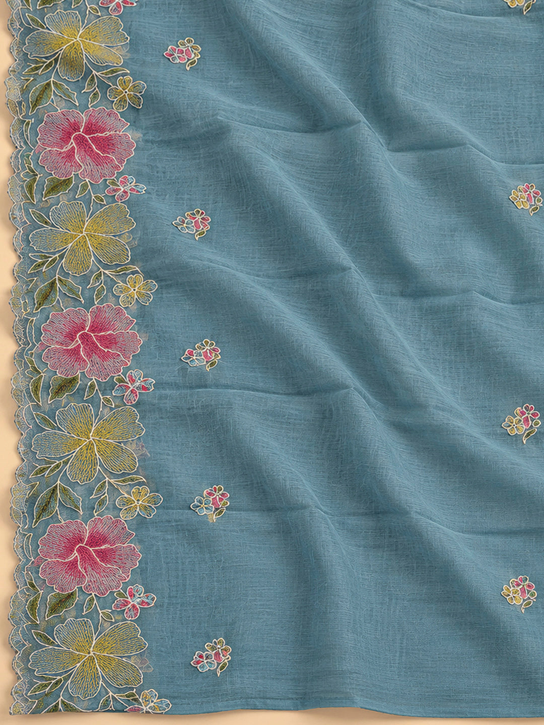Grey Chanderi Embroidered Unstitched Dress Material