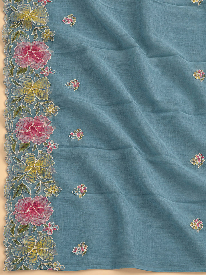Grey Chanderi Embroidered Unstitched Dress Material