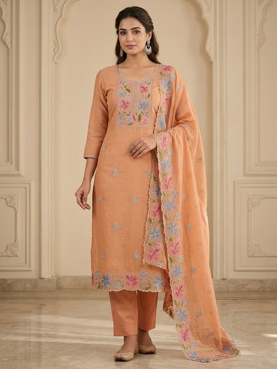 Orange Chanderi Embroidered Unstitched Dress Material