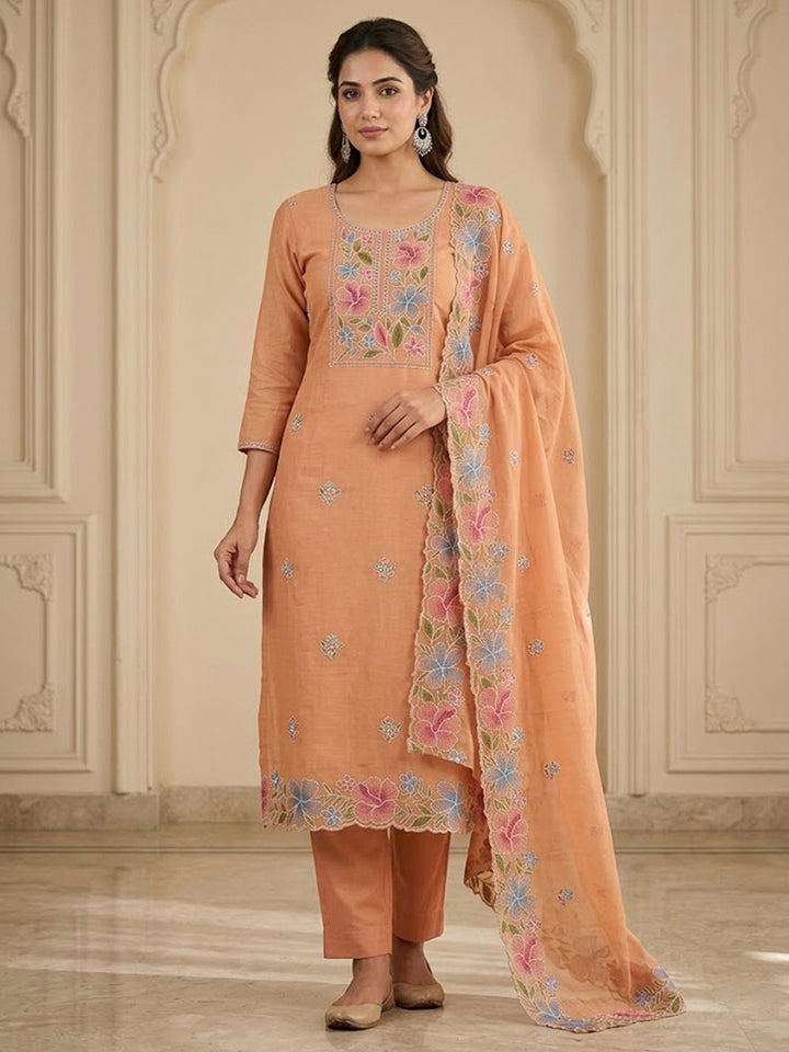 Orange Chanderi Embroidered Unstitched Dress Material