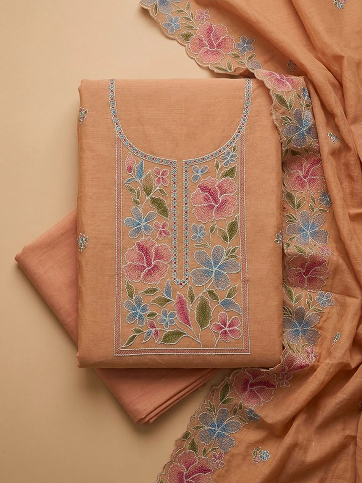 Orange Chanderi Embroidered Unstitched Dress Material