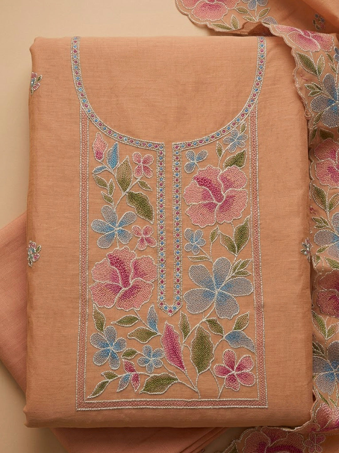 Orange Chanderi Embroidered Unstitched Dress Material