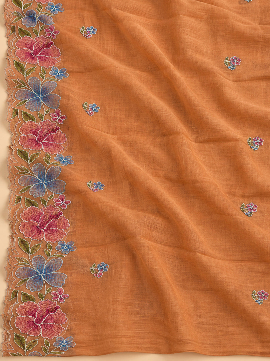 Orange Chanderi Embroidered Unstitched Dress Material