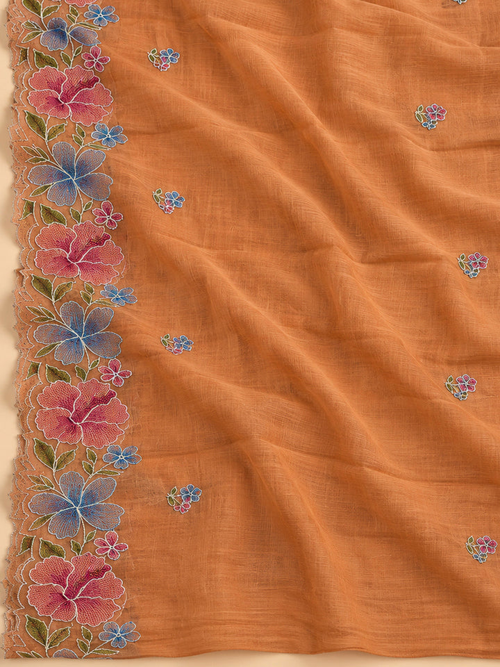 Orange Chanderi Embroidered Unstitched Dress Material