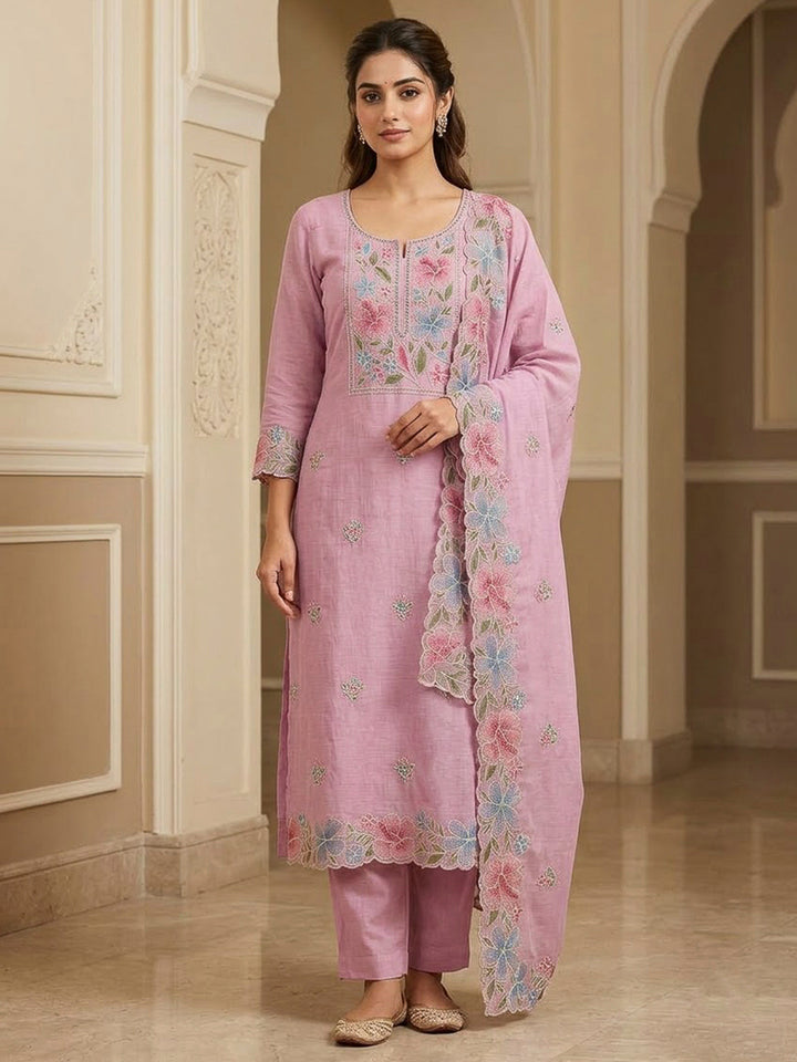 Pink Chanderi Embroidered Unstitched Dress Material