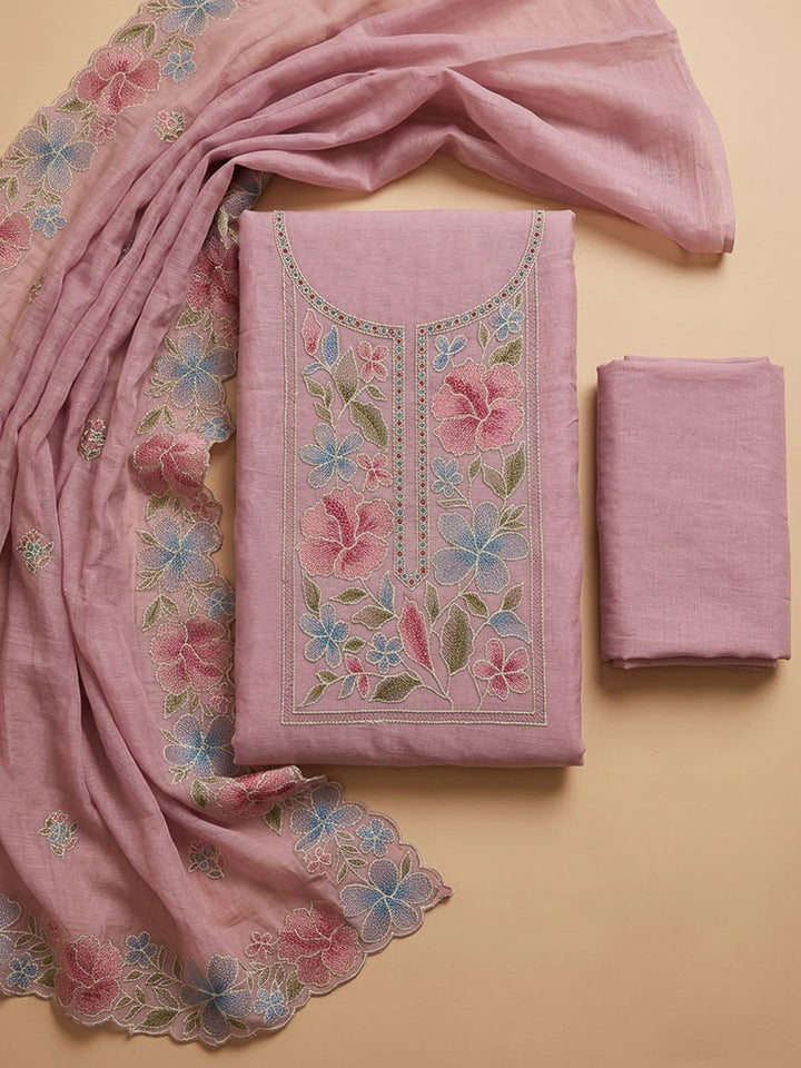Pink Chanderi Embroidered Unstitched Dress Material