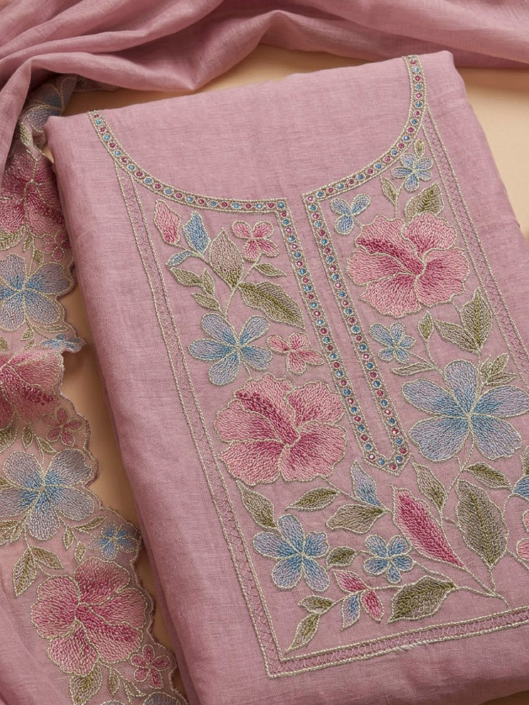Pink Chanderi Embroidered Unstitched Dress Material
