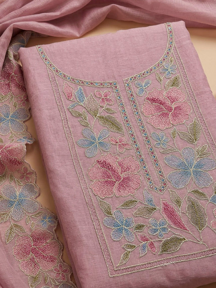 Pink Chanderi Embroidered Unstitched Dress Material