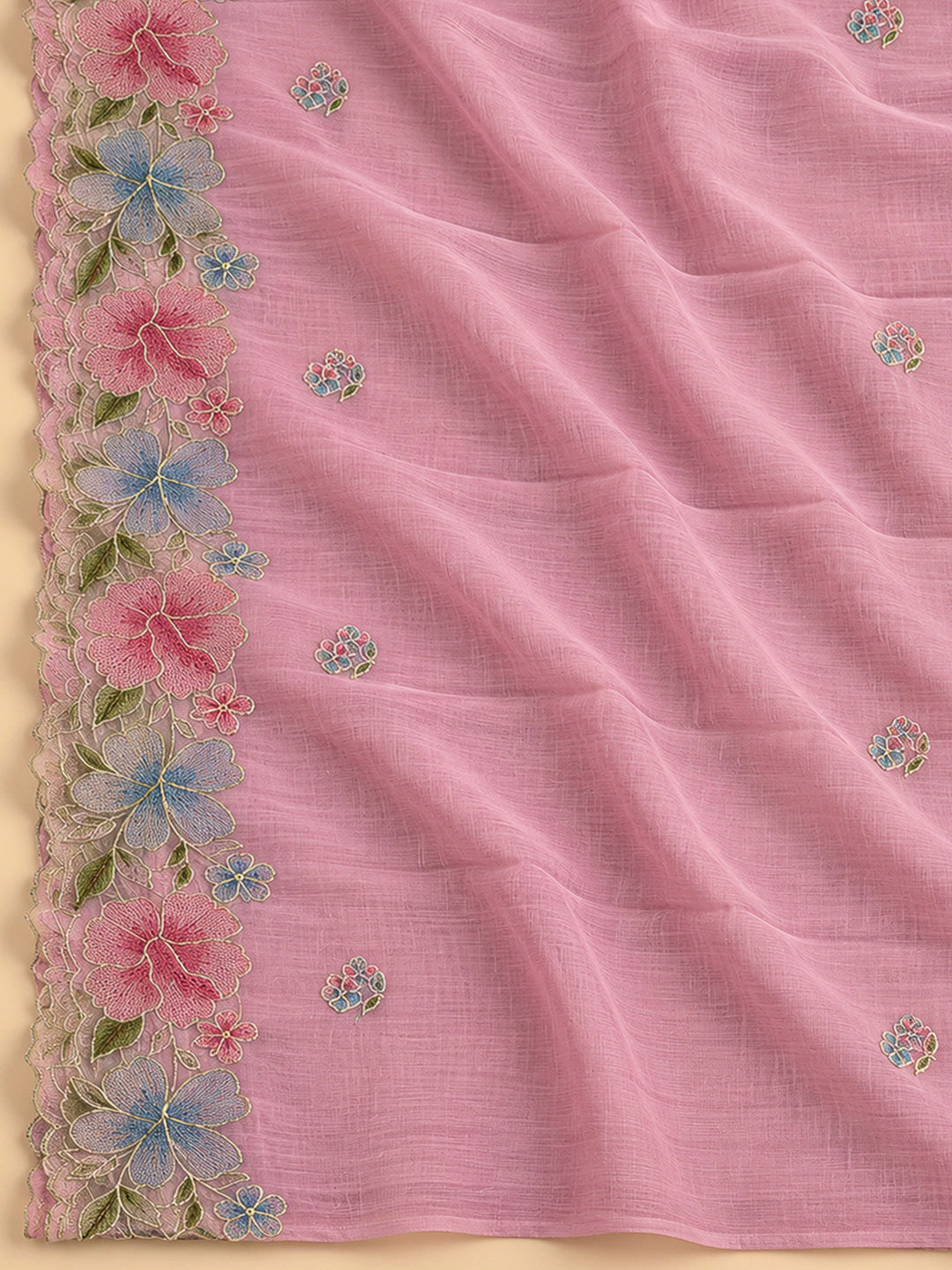 Pink Chanderi Embroidered Unstitched Dress Material