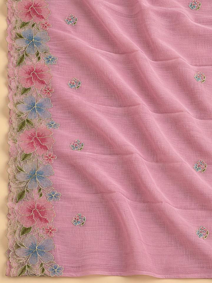Pink Chanderi Embroidered Unstitched Dress Material