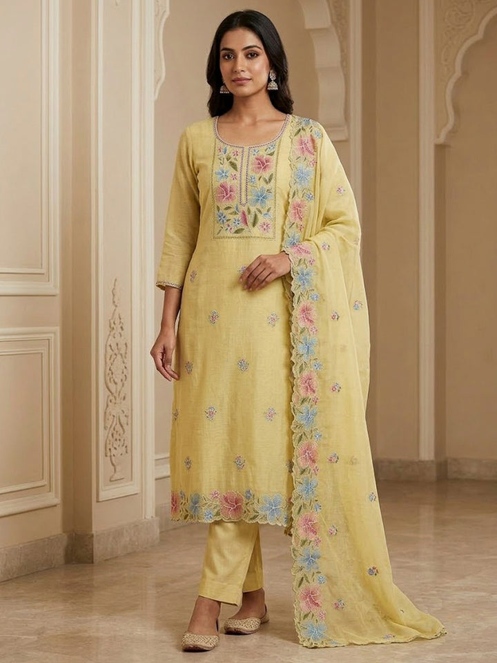 Yellow Chanderi Embroidered Unstitched Dress Material