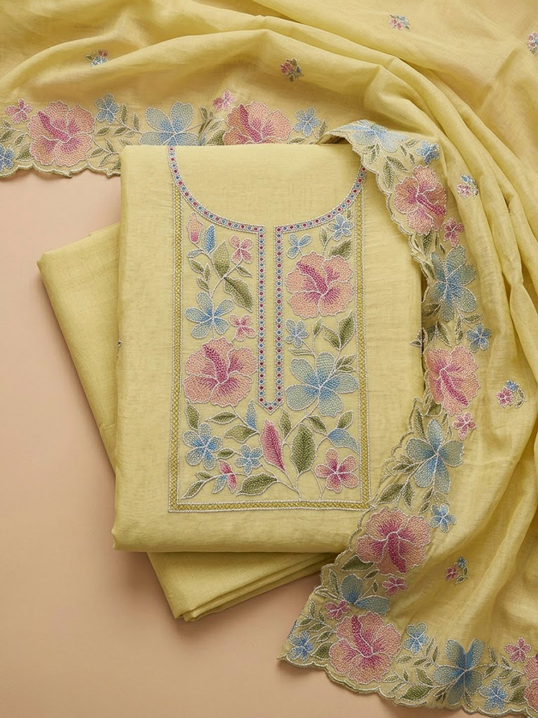 Yellow Chanderi Embroidered Unstitched Dress Material