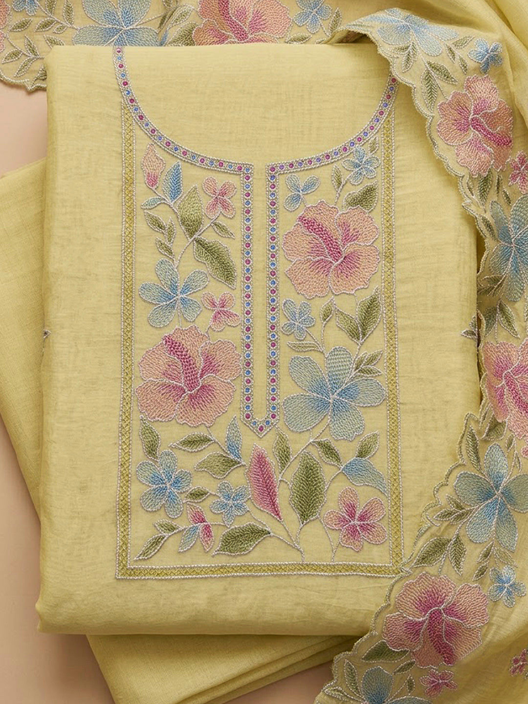 Yellow Chanderi Embroidered Unstitched Dress Material