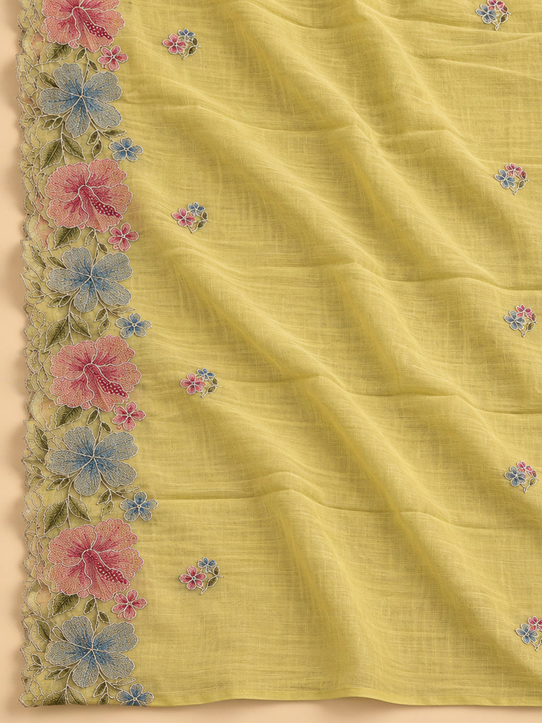 Yellow Chanderi Embroidered Unstitched Dress Material