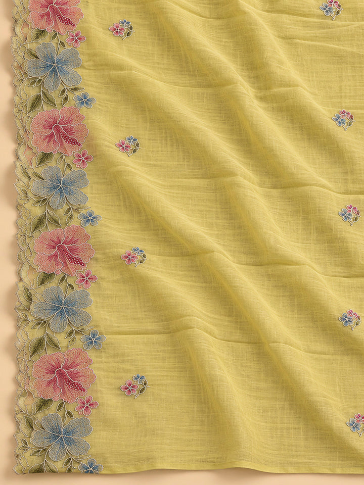 Yellow Chanderi Embroidered Unstitched Dress Material