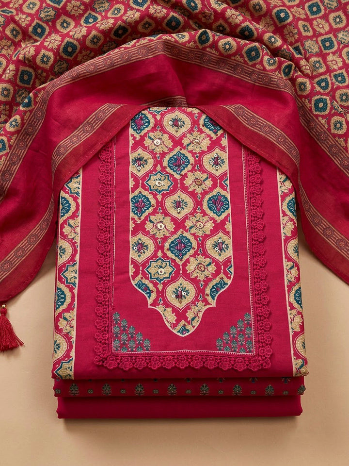 Hot Pink Crepe Printed Unstitched Dress Material