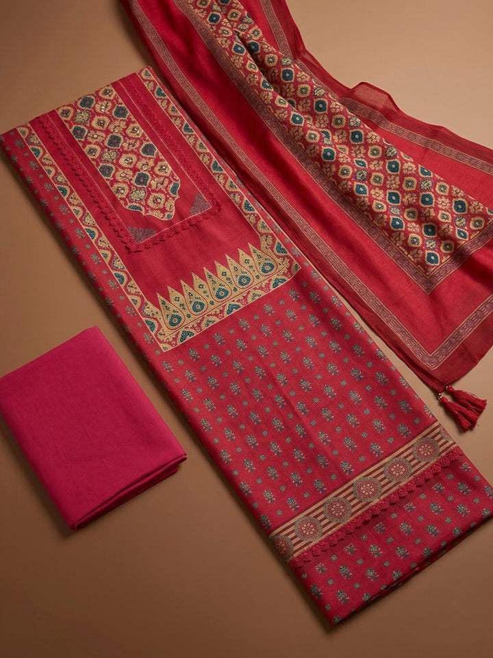 Hot Pink Crepe Printed Unstitched Dress Material