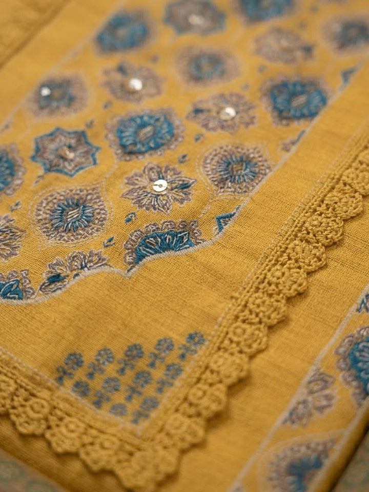 Mustard Crepe Printed Unstitched Dress Material