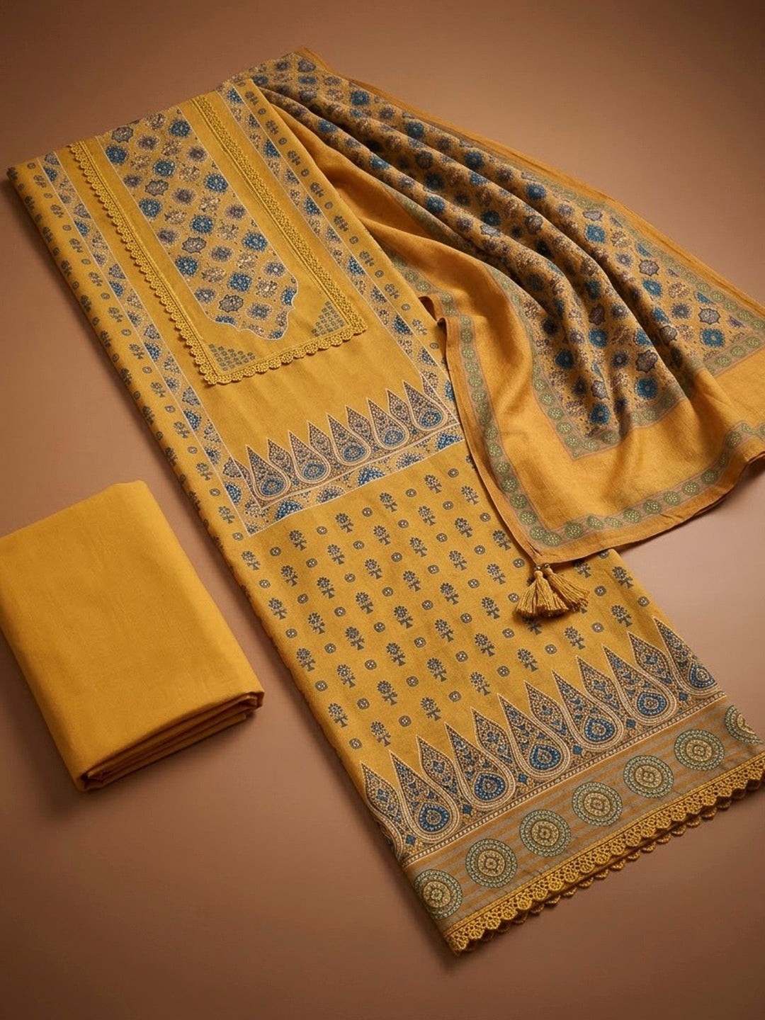 Mustard Crepe Printed Unstitched Dress Material