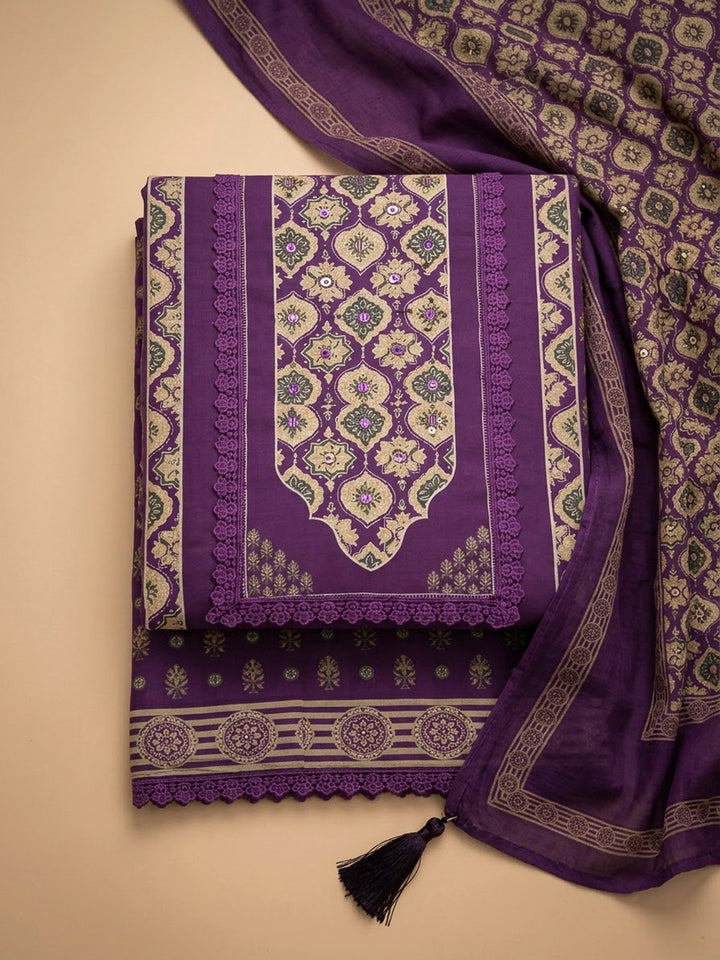 Purple Crepe Printed Unstitched Dress Material