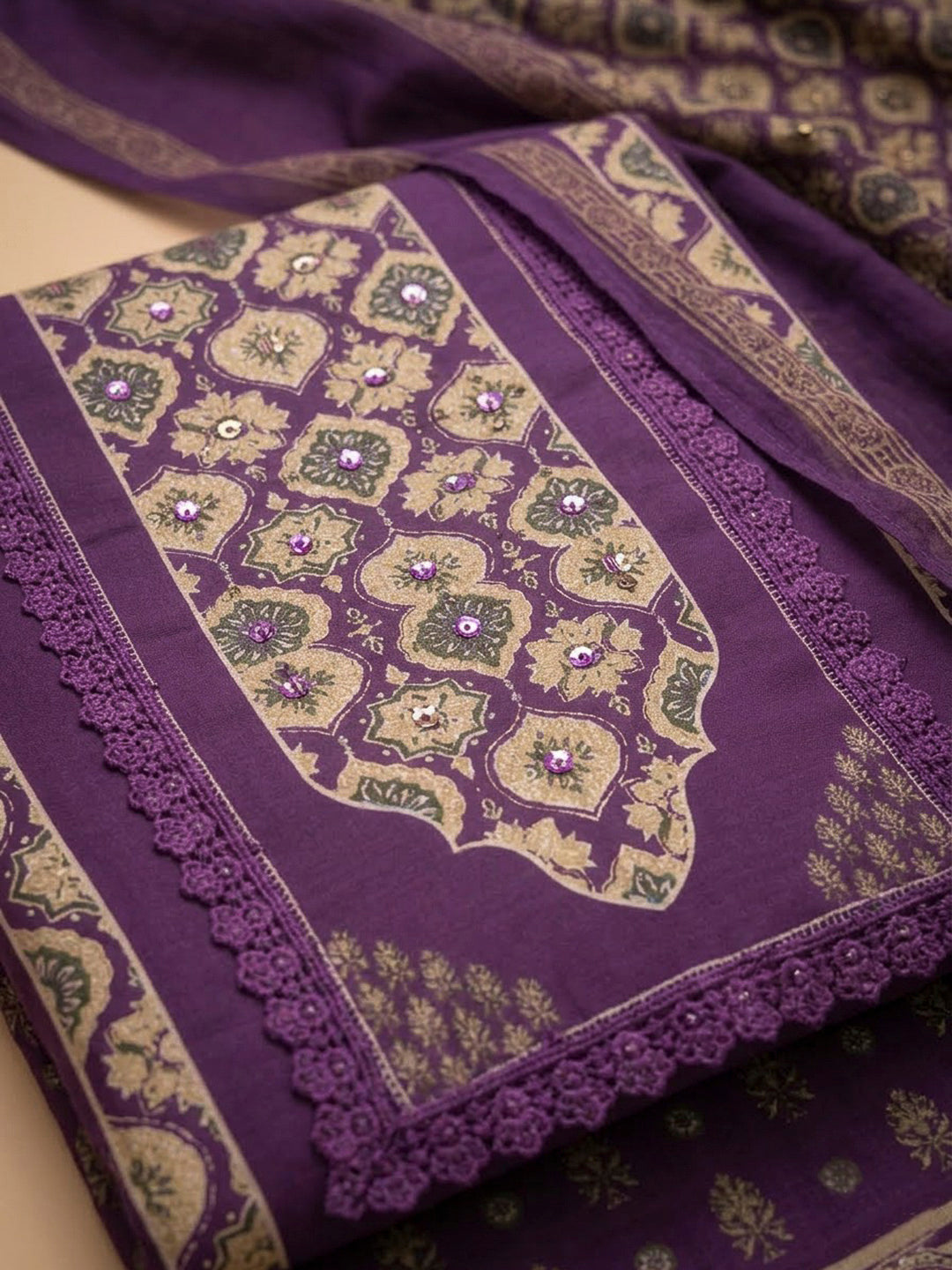 Purple Crepe Printed Unstitched Dress Material