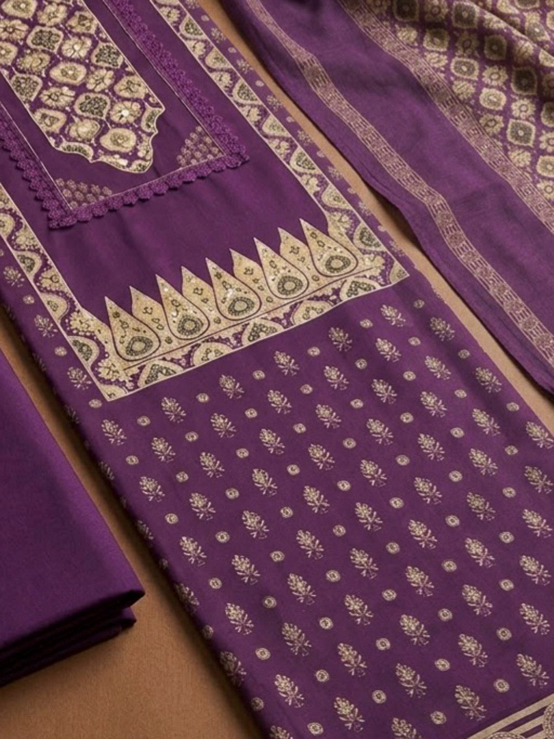 Purple Crepe Printed Unstitched Dress Material
