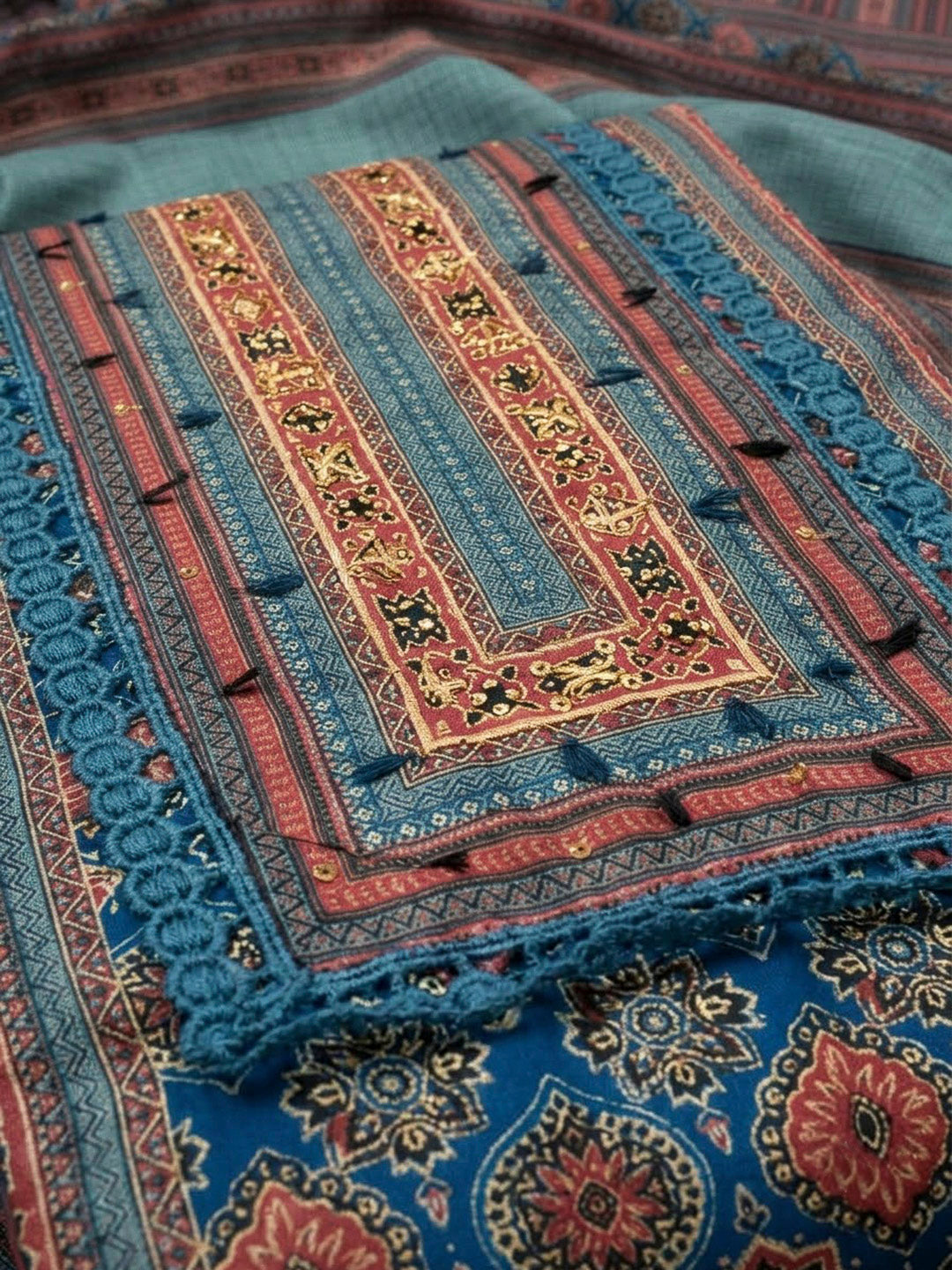 Blue Crepe Printed Unstitched Dress Material