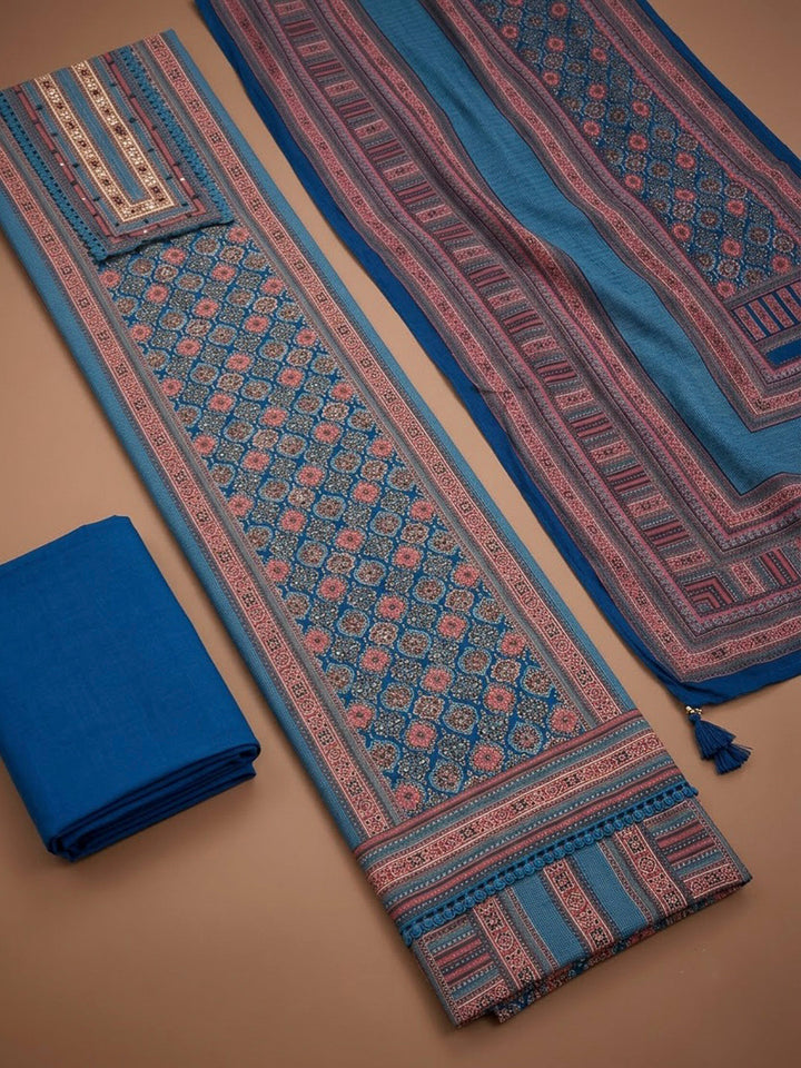 Blue Crepe Printed Unstitched Dress Material