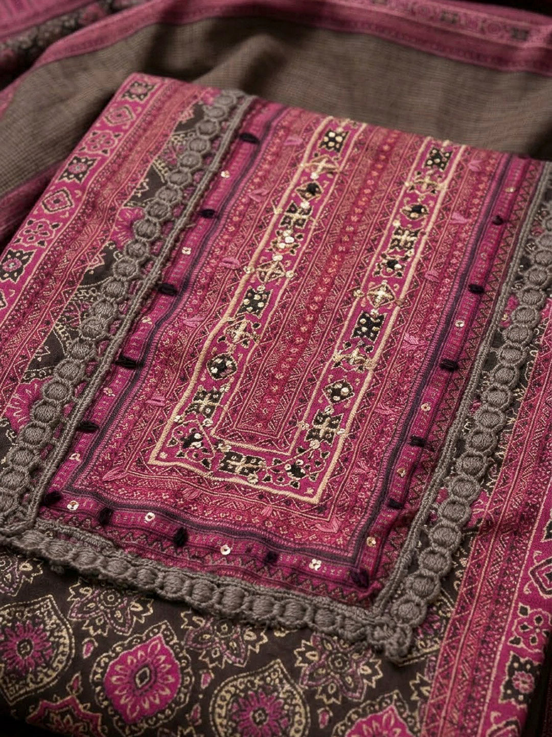 Brown Crepe Printed Unstitched Dress Material