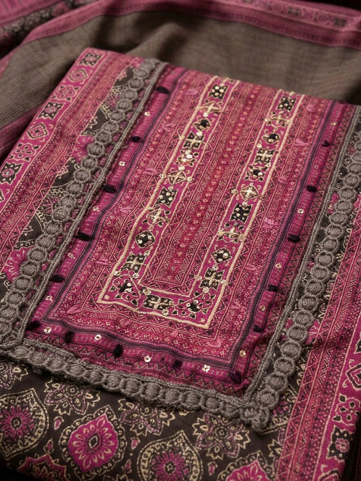 Brown Crepe Printed Unstitched Dress Material