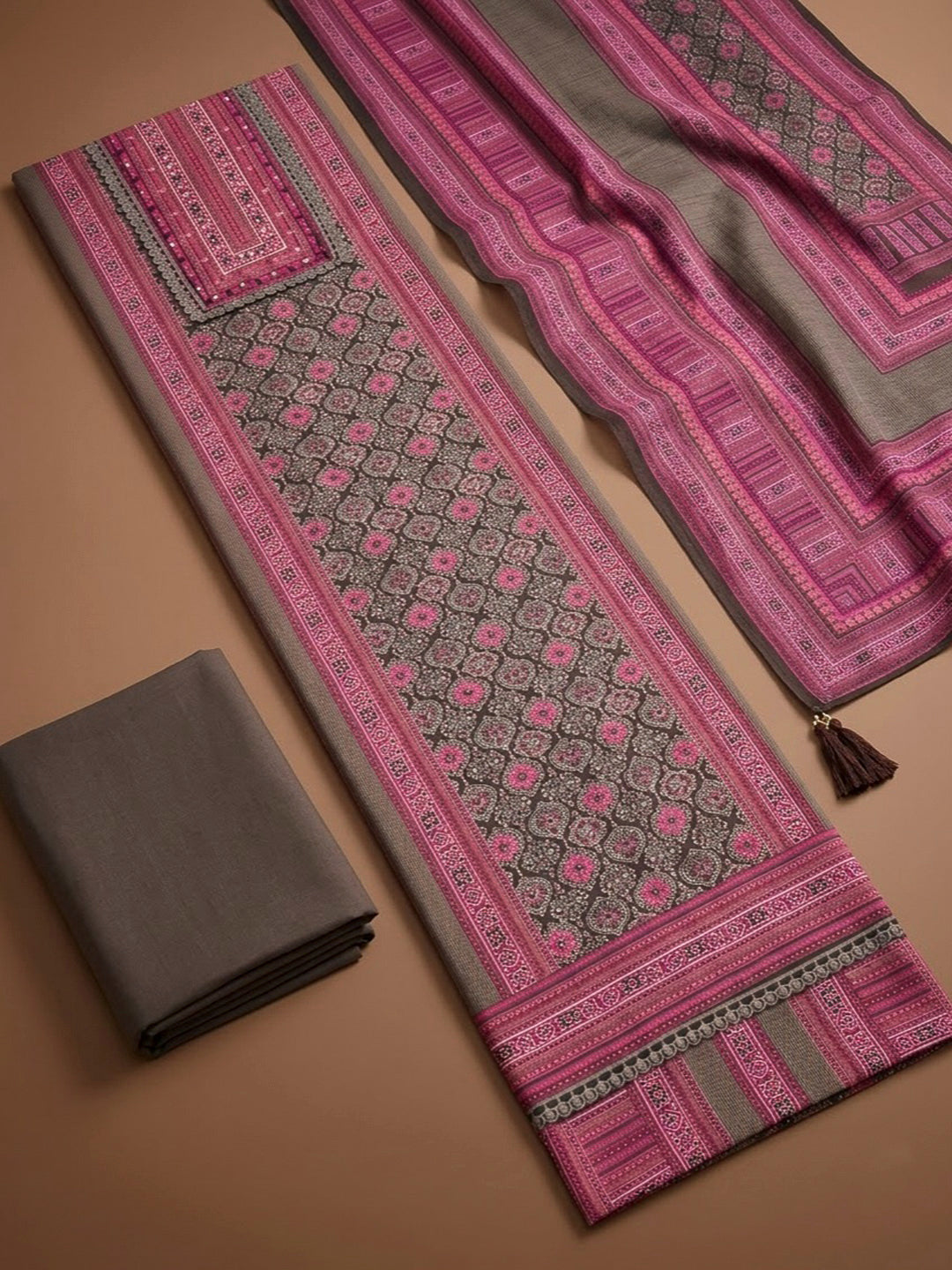 Brown Crepe Printed Unstitched Dress Material