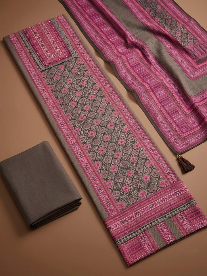Brown Crepe Printed Unstitched Dress Material