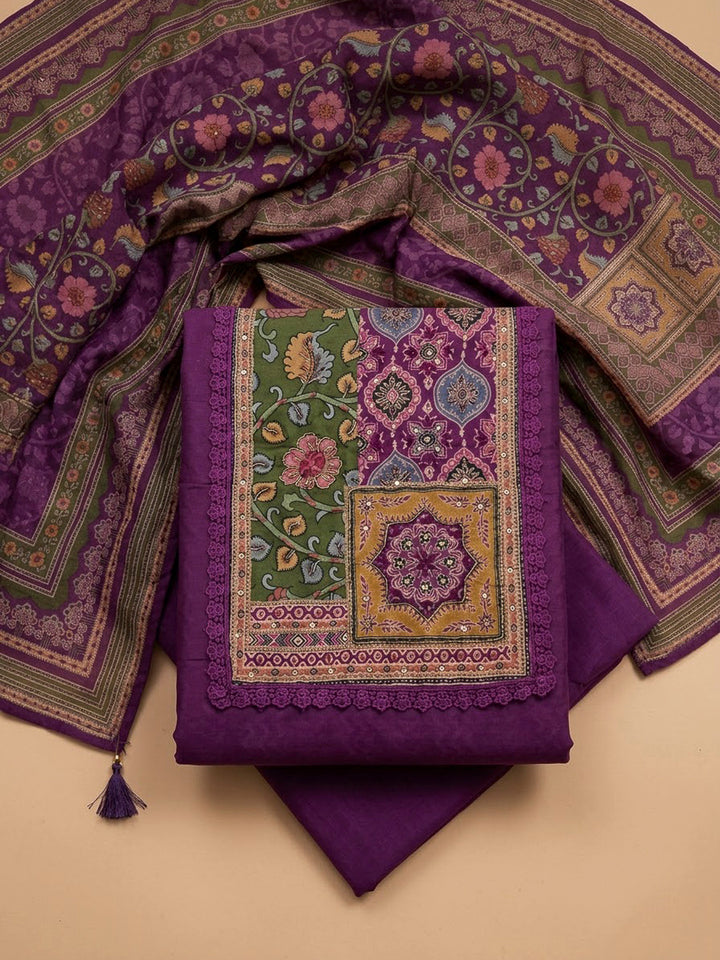 Purple Crepe Printed Unstitched Dress Material