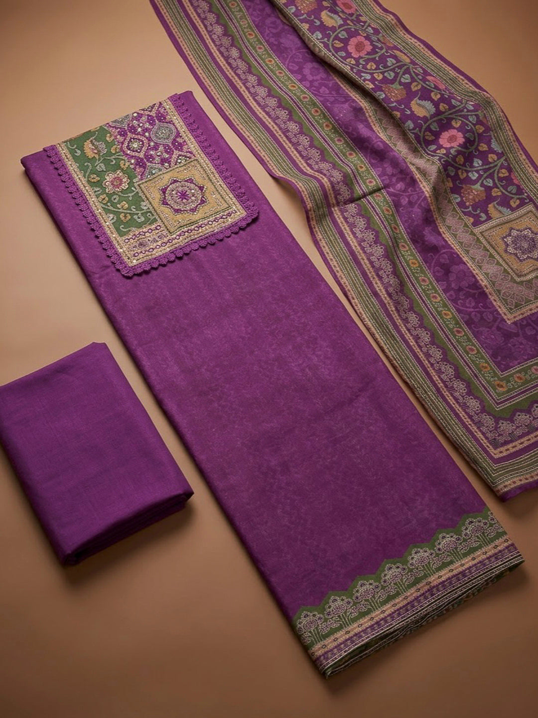 Purple Crepe Printed Unstitched Dress Material