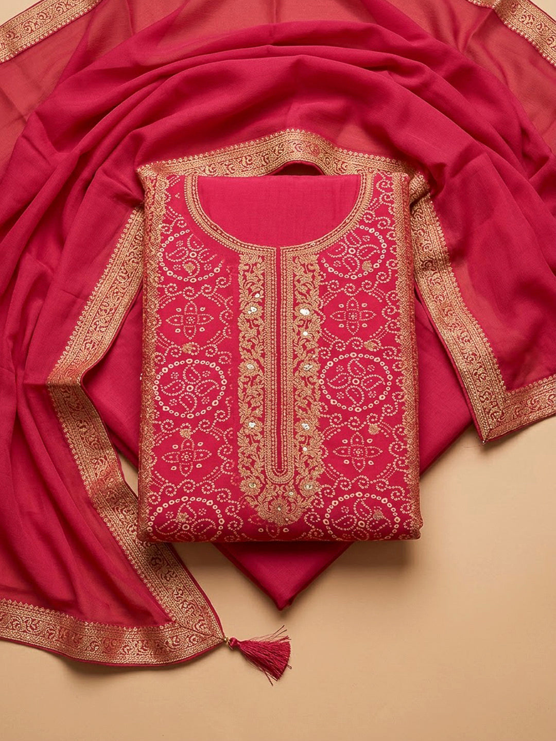 Hot Pink Cotton Blend Embroidered Unstitched Dress Material