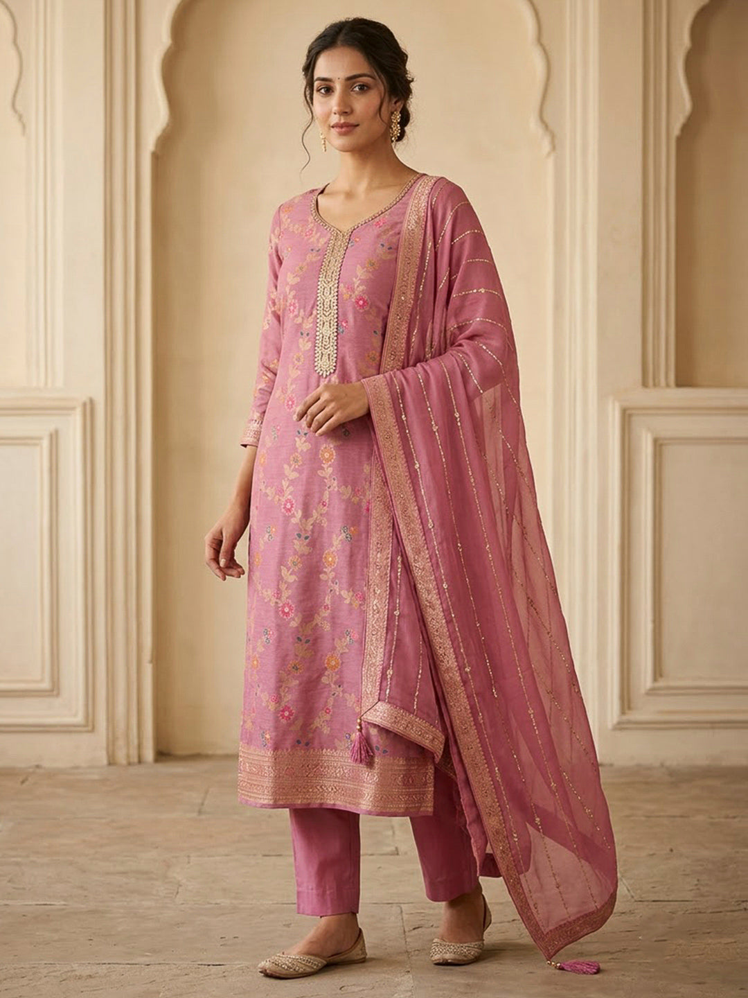 Onion Pink Chanderi Embroidered Unstitched Dress Material